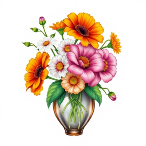 marigold, cosmo, carnation, snowdrop flowers in a heart shaped vase