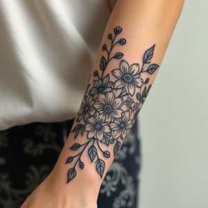 nature vibe, with harry potter vibe as well Noah Kahn vibe too pretty and dainty floral wrap around either like forearm or upper arm poisoning