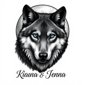 shoulder tattoo of wolf with blue eyes in front of moon