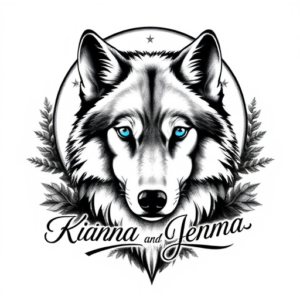 shoulder tattoo of wolf with blue eyes in front of moon