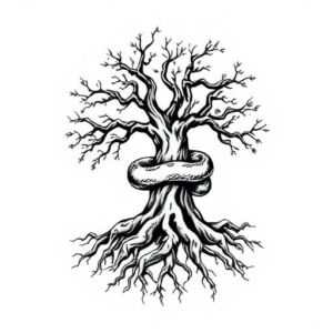 snake around a tree with tree roots