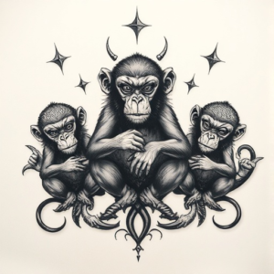 tattoo idea inspired by the “Three Wise Monkeys” concept but with a dark, Chicano-style twist.
