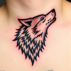 Throat tattoo of fine-line wolf silhouette