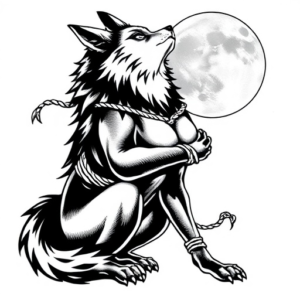wolf female with huge breasts, body tied with ropes, howling at the moon, in black and gray color,