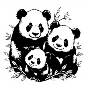 3 pandas total, one dad and a pair of siblings, with bamboo or flower around them or in the background