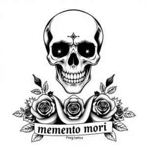 A skull with smaller skulls on chest with roses