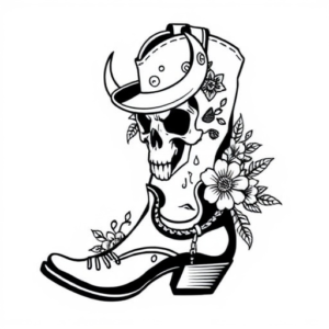 Cowboy boot with skull, flowers and horseshoe