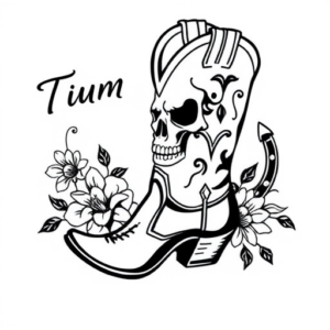 Cowboy boot with skull, flowers and horseshoe