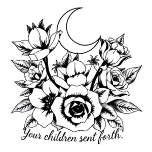 Gardenias and tulips and roses with a crescent moon