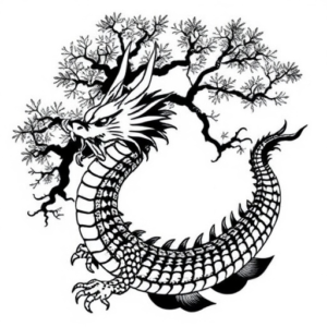 Japanese dragon with a Japanese maple tree in the back