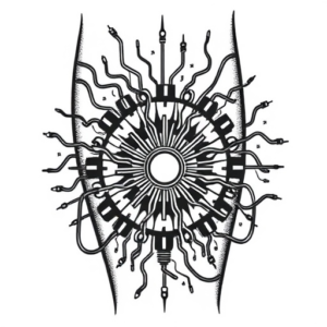 Overlap tattoo, on the back of the shin, something with electrical circuits