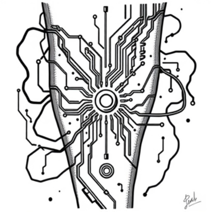 Overlap tattoo, on the back of the shin, something with electrical circuits