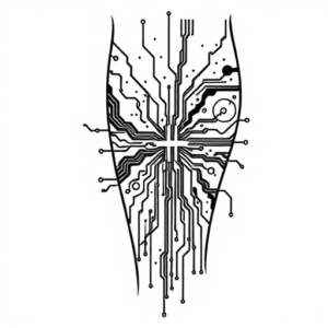 Overlap tattoo, on the back of the shin, something with electrical circuits