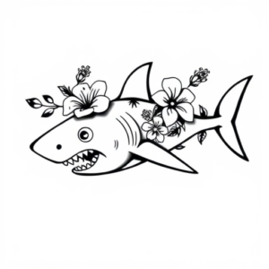Polynesian Tribal shark with plumeria and hibiscus flowers