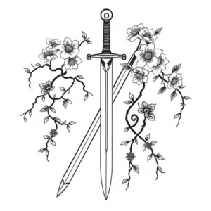 Sword with vines and flowers with vines going down connected