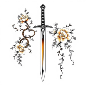 Sword with vines and flowers with vines going down connected
