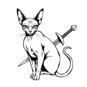 cat sphynx look straight forward with sword in tail