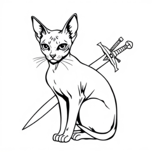 cat sphynx look straight forward with sword in tail