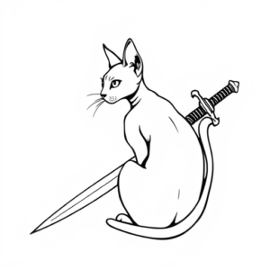cat sphynx look straight forward, holding sword in tail