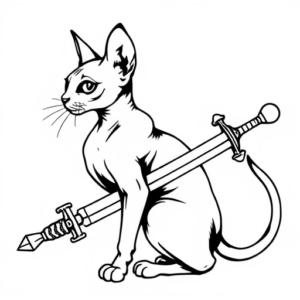 cat sphynx look straight forward, holding sword in tail