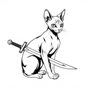 cat sphynx look straight forward, holding sword in tail