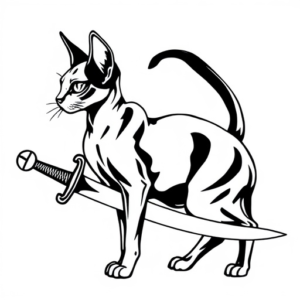 cat sphynx look straight forward, holding sword in tail
