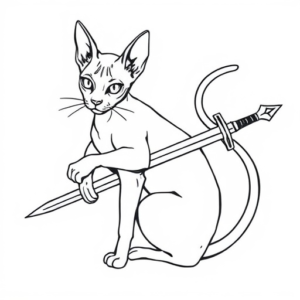 cat sphynx look straight, holding sword in tail