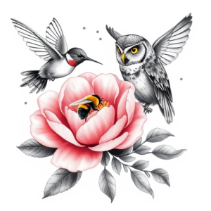 combine a scene with a peony, a hummingbird, a bumblebee, and a owl