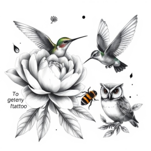 combine a scene with a peony, a hummingbird, a bumblebee, and a owl