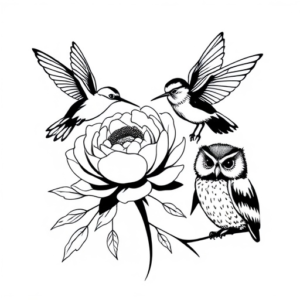 combine a scene with a peony, a hummingbird, a fuzzy bumblebee, and a owl