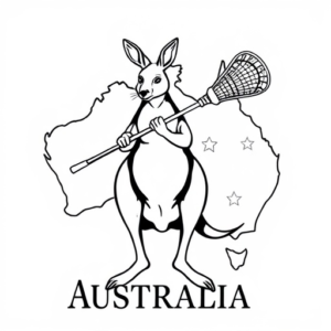 kangaroo holding a lacrosse stick and the country outline of australia