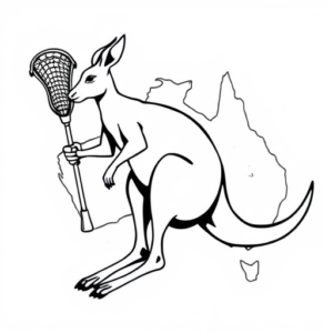 kangaroo holding a lacrosse stick and the country outline of australia