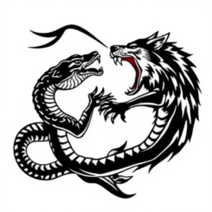 snake and wolf are fighting toghther in same moment .