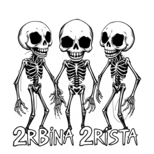 tattoo sketch of 2rbina 2rista members as undead puppets, cartoonish but creepy, black ink shading, punk vibe