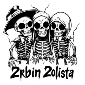 tattoo sketch of 2rbina 2rista members as undead puppets, cartoonish but creepy, black ink shading, punk vibe