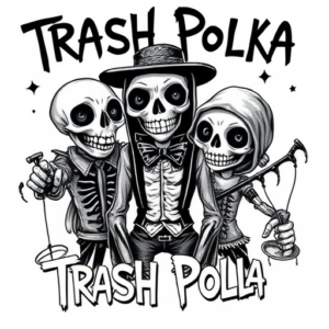 tattoo sketch of 2rbina 2rista members as undead puppets, cartoonish but creepy, black ink shading, punk vibe