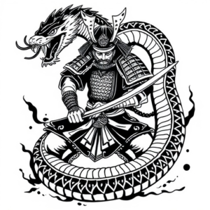 A Samurai figthing with a giant japanese snake