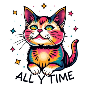 A colorful cat is in space all the time