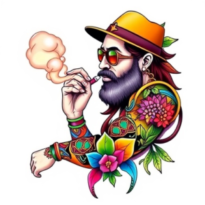 A colorful stoner(someone who smokes weed) full arm sleeve