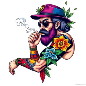 A colorful stoner(someone who smokes weed) full arm sleeve