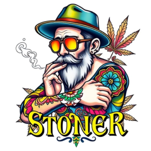 A colorful stoner(someone who smokes weed) full arm sleeve