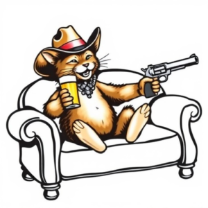A cowboy hat puppet cat is sitting on the sofa. One hand is drinking beer while the other is holding a revolver.