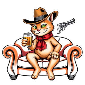 A cowboy hat puppet cat is sitting on the sofa. One hand is drinking beer while the other is holding a revolver.