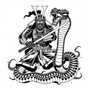 A dark Samurai figthing with a giant japanese Cobra