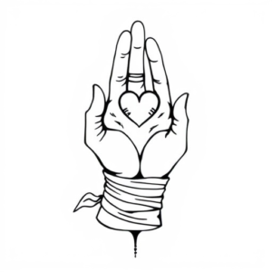 A hand in bandages reaches out to a hand in a fingerless glove, with a heart with an infinity sign depicted between their palms.