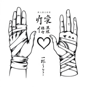 A hand in bandages reaches out to a hand in a fingerless glove, with a heart with an infinity sign depicted between their palms.