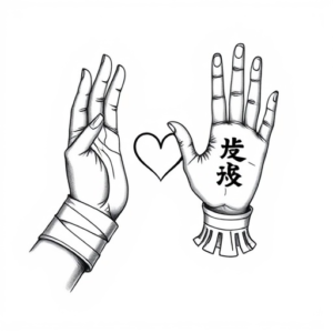 A hand in bandages reaches out to a hand in a fingerless glove, with a heart with an infinity sign depicted between their palms.