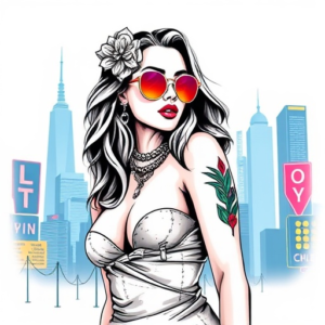 A luxury girl who loves money, against the background of a metropolis, with neon signs, and instead of the sky space