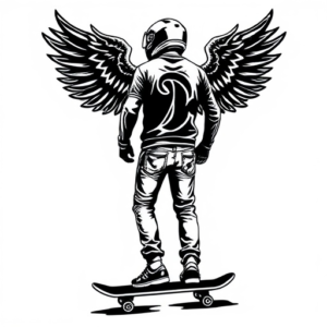 A man stepped on a skateboard, wearing a motorcycle helmet, and his back was decorated with wings and flames.