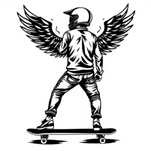 A man stepped on a skateboard, wearing a motorcycle helmet, and his back was decorated with wings and flames.